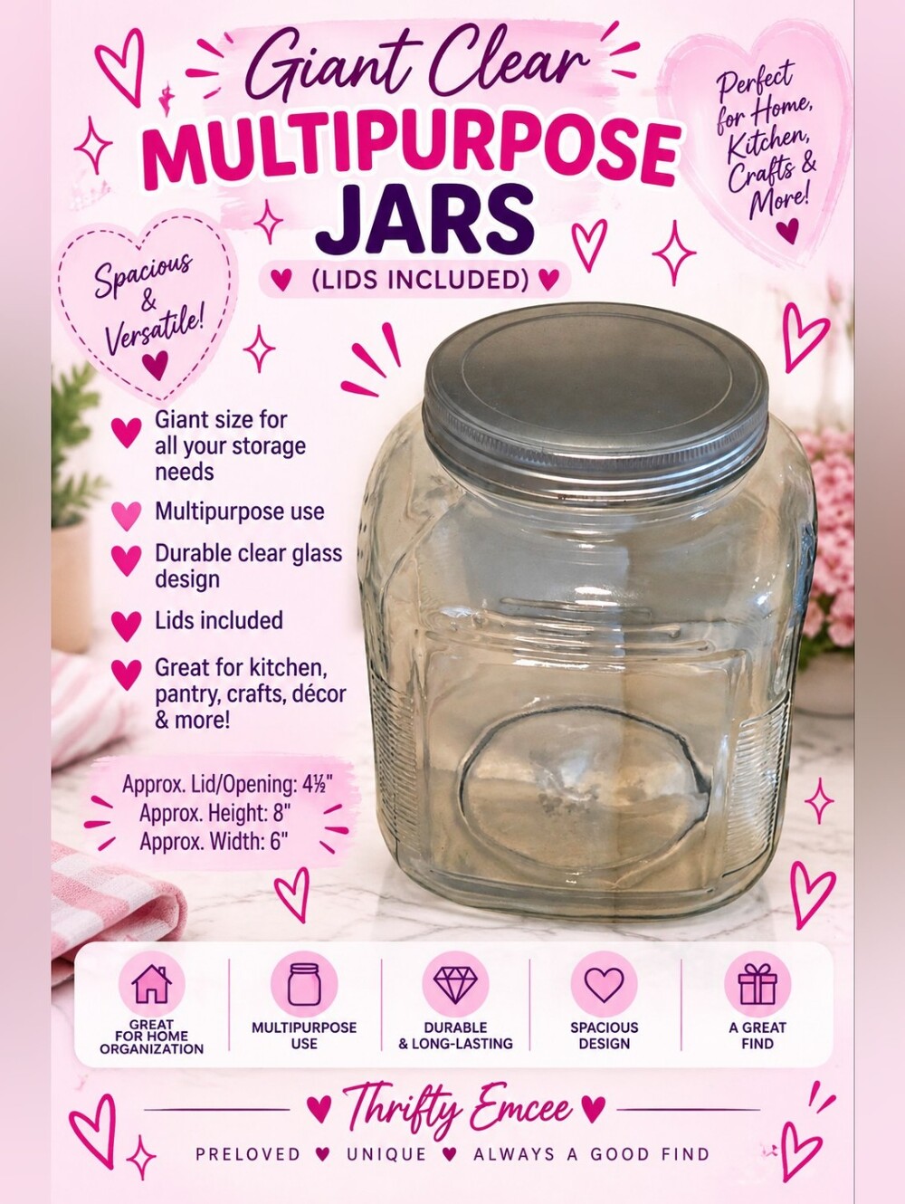 Giant Clear Multipurpose Glass Jars with Silver Lid (Approx. 2L/64Oz) (1 Jar)
